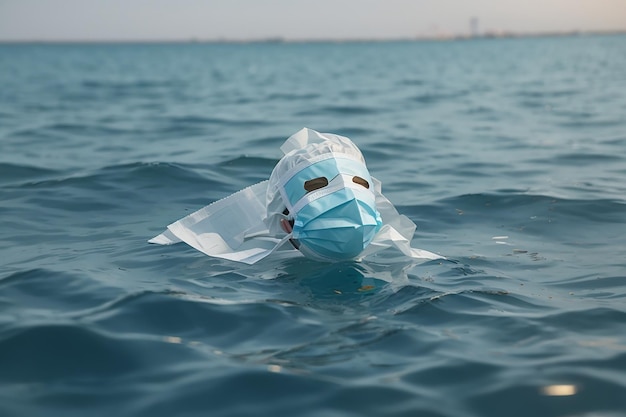 Photo masque chirurgicale flottant dans la mer concept de pollution et de déchets non biodégradables