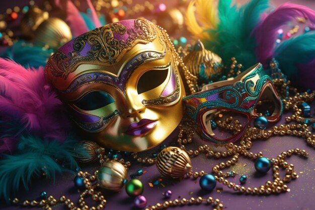 Un masque coloré est sur un fond violet avec des perles dorées et violettes.