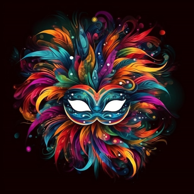 Un masque coloré avec un motif coloré dessus est sur un fond noir.