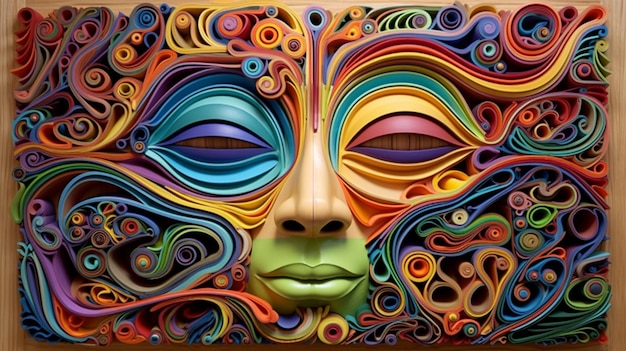 Un masque coloré avec de nombreuses couleurs et le mot visage dessus.