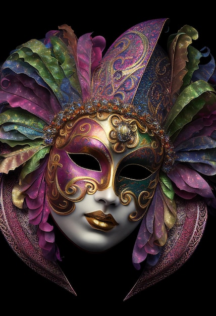 Un masque coloré avec des plumes dorées et violettes est affiché sur un fond noir.