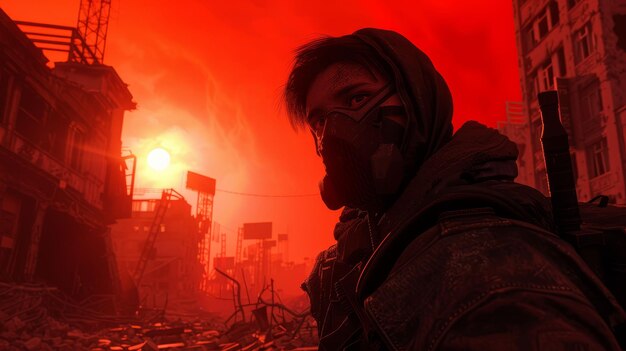 Masque de combattant de la Résistance sur la navigation des ruines de la ville sous un ciel rouge sang 3D rendu Backlights Aberration chromatique prise de vue rapprochée