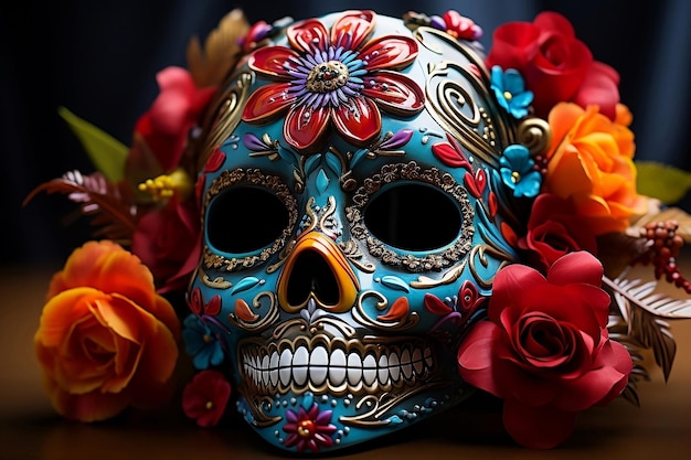 Masque de crâne pour le jour de la mort mexicain avec des fleurs