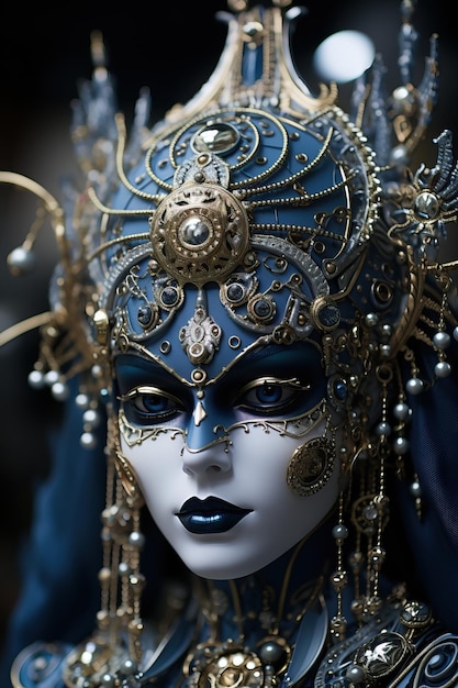 un masque avec des décorations en or et en bleu