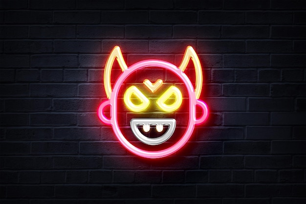 Masque du diable au néon sur un mur de briques