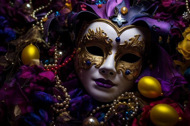 Le masque du festival du Mardi Gras est entouré