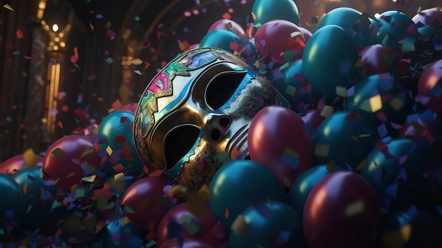 Un masque entouré de ballons est entouré de confettis.