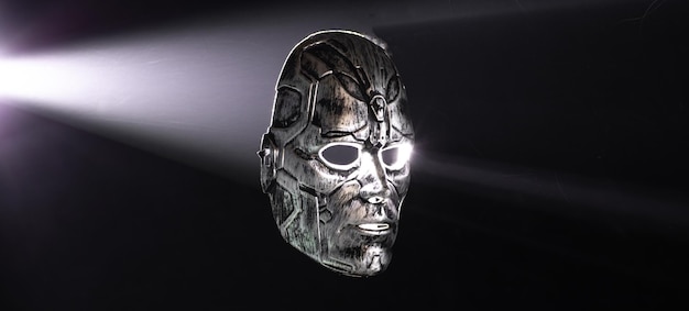 masque de fer futuriste sur fond noir