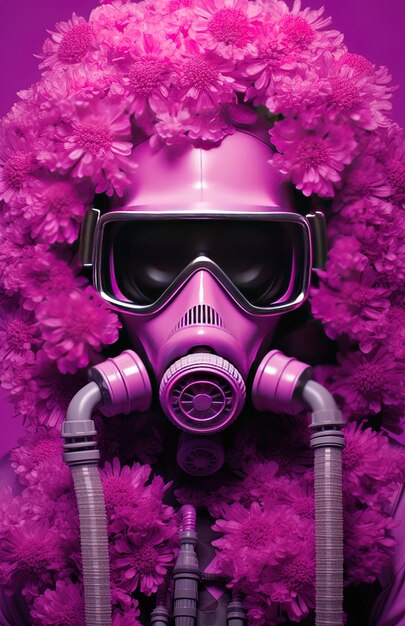 Photo un masque à gaz violet avec un fond rose et des fleurs