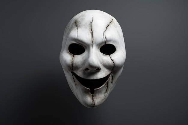 Photo masque d'halloween masque effrayant isolé en noir et blanc sur fond gris avec cri surprise