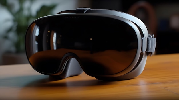Masque de lunettes VR blanc sur table en bois Casque de métaverse de réalité virtuelle Generative ai
