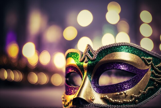 Masque de mardi gras avec fond de lumières bokeh AI générative