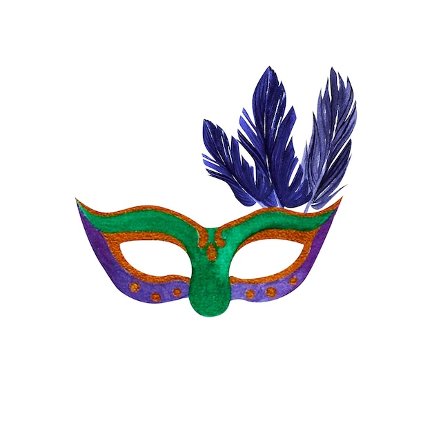 Masque de mardi gras violet vert aquarelle sur fond blanc isolé dessiné à la main