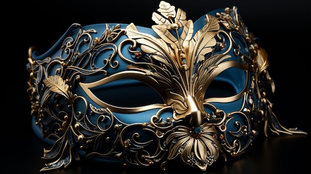 Un masque de mascarade bleu et or avec des feuilles d'or sur fond noir ai générative