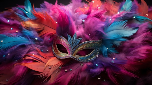 masque de mascarade coloré avec des plumes et des confettis