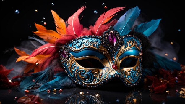 masque de mascarade coloré avec des plumes et des confettis