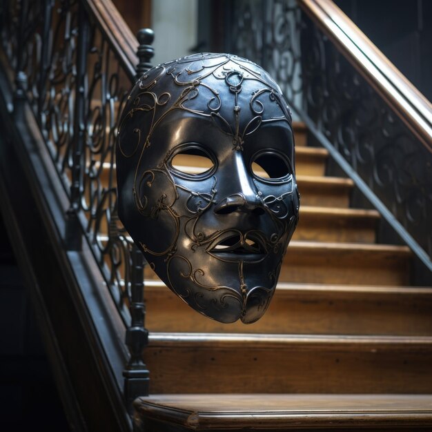 Photo un masque métallique assis sur le côté d'un escalier