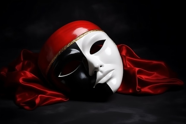 un masque noir et blanc est au-dessus de quelque chose de rouge dans le style du drame romantique