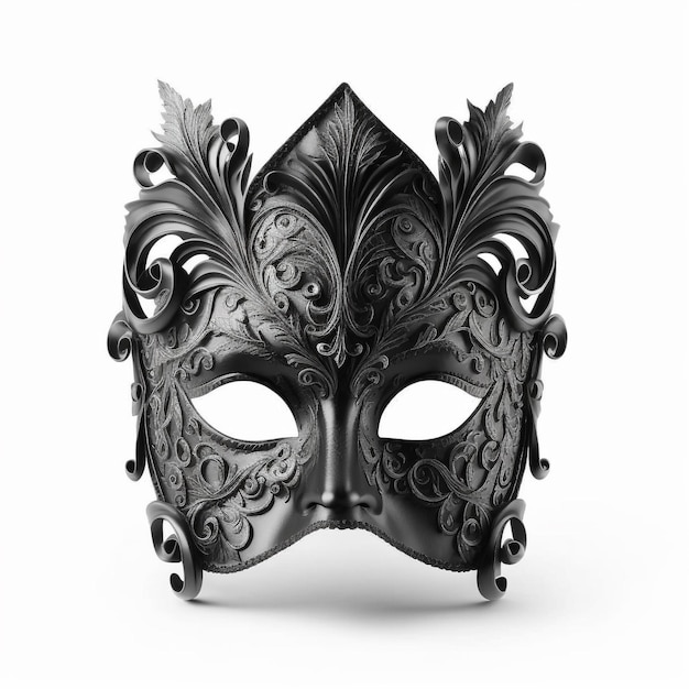 Un masque noir avec des motifs ornés est sur un fond blanc.