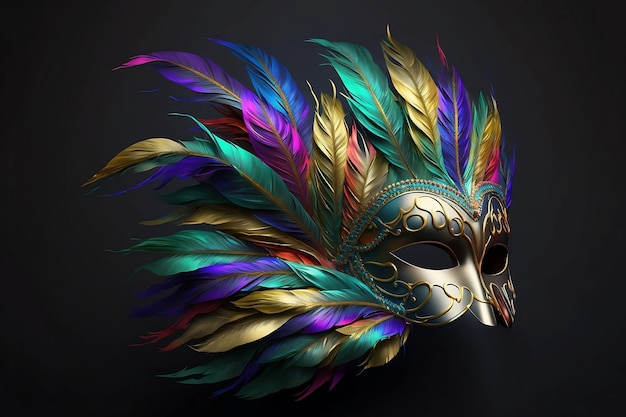 Masque d'or avec des plumes colorées sur le fond noir