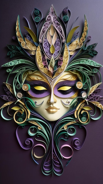 Un masque en papier avec des décorations vertes violettes et dorées image générative ai