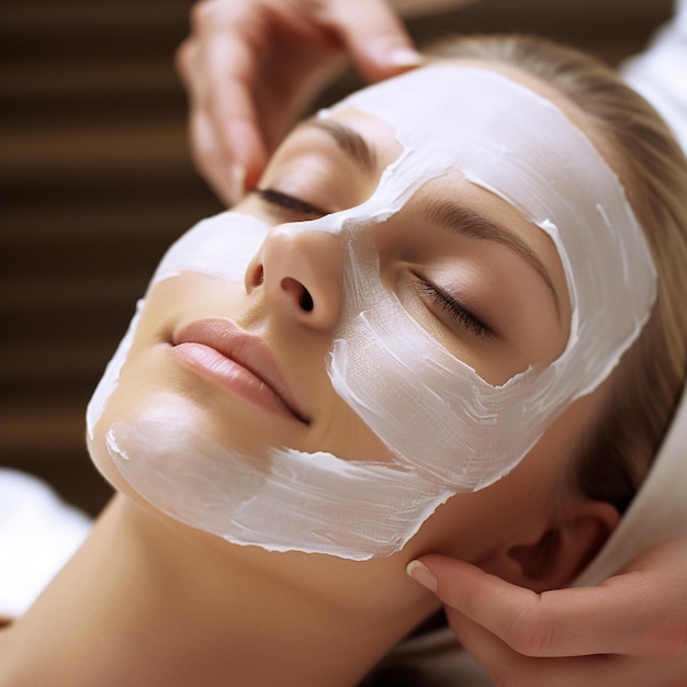 Masque de peeling du visage traitement de beauté de spa soin de la peau Femme se faisant soigner le visage par un esthéticien au spa