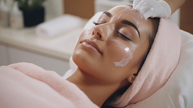 Masque de peeling du visage traitement de beauté de spa soin de la peau Femme se faisant soigner le visage par un esthéticien au spa