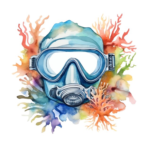 Masque de plongée marine et une illustration aquarelle de récif coloré clipart animaux marins