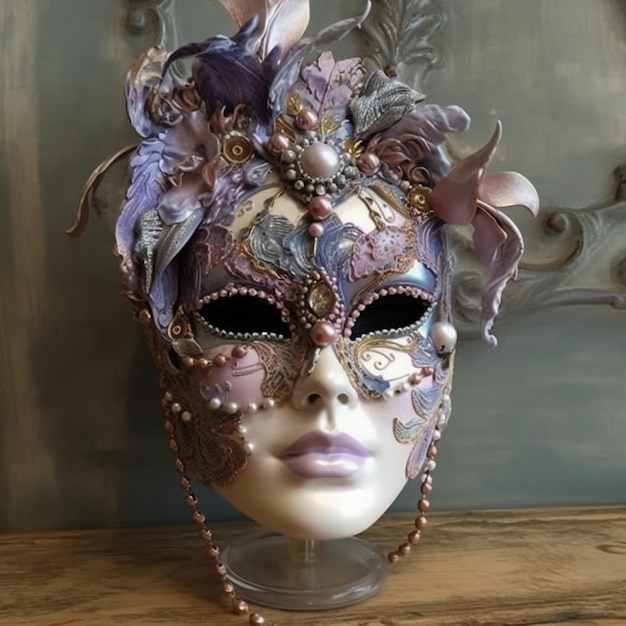 Un masque avec des plumes et des fleurs dessus