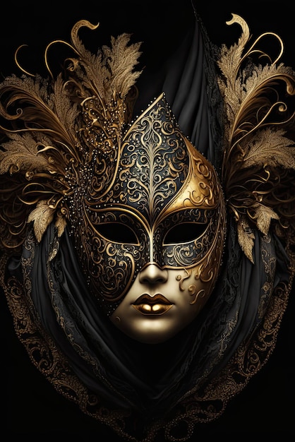 Un masque avec des plumes d'or et des plumes d'or