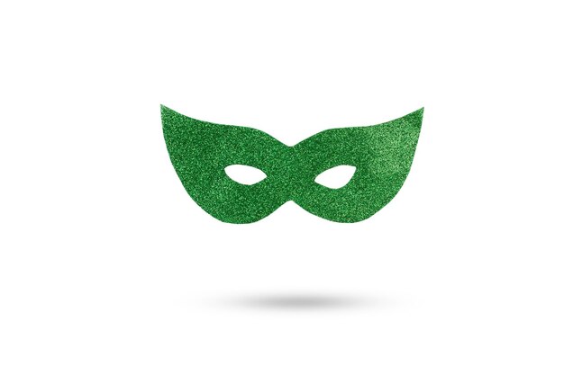 Masque pour les yeux scintillant de fête verte flottant sur un fond blanc avec espace de copie