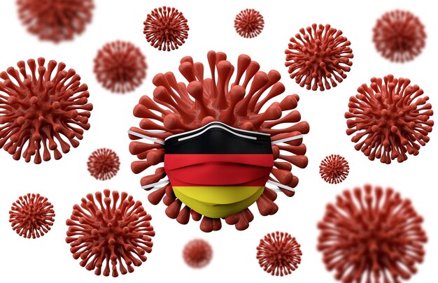 Masque de protection du drapeau allemand sur une bactérie virale rendu d