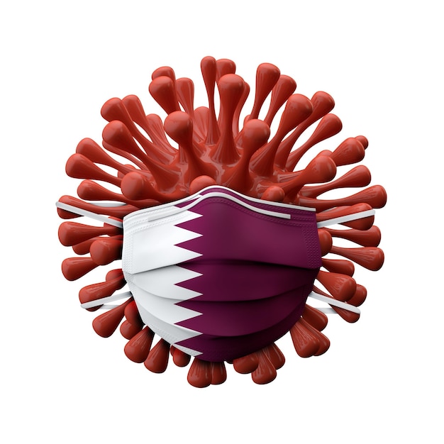 Masque de protection du drapeau du Qatar sur une bactérie virale rendu d