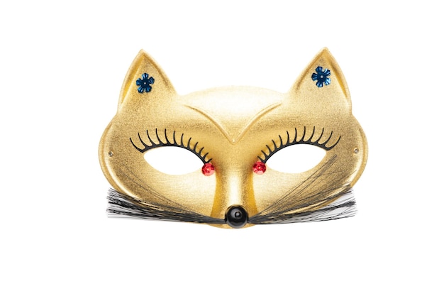 Un masque de renard doré avec des perles bleues et un nez noir.