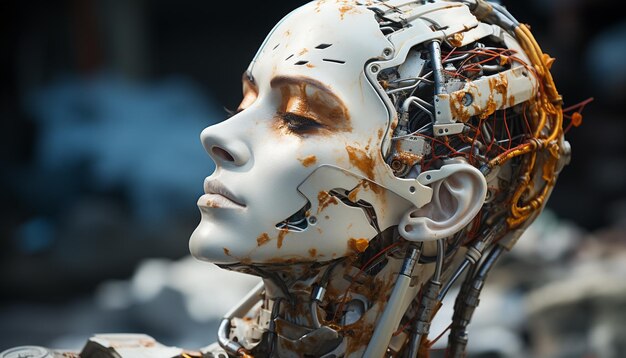 Masque de robot en métal sale sculpture fantasmagorique crâne humain endommagé généré par l'intelligence artificielle