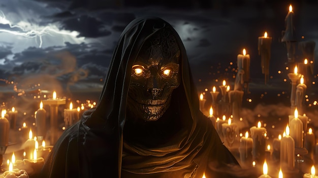 Masque sinistre manteau noir expression hantée entourée de bougies scintillantes dans une pièce faiblement éclairée temps orageux à l'extérieur 3D Render Backlights Aberration chromatique vue d'angle néerlandaise