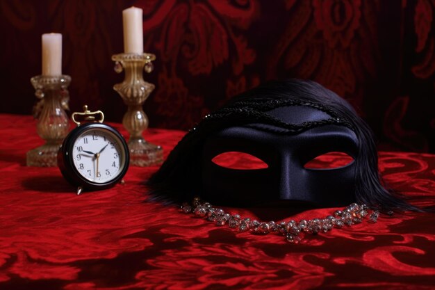 Photo un masque de sommeil noir sur un oreiller en velours rouge avec une horloge indiquant minuit