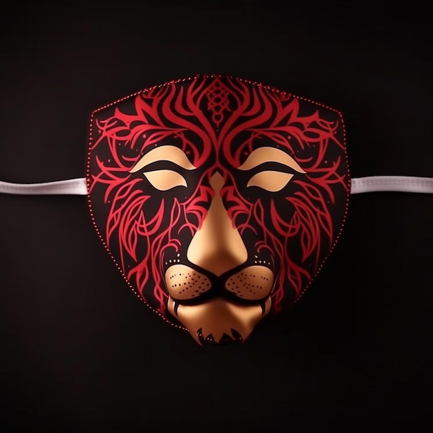 Un masque avec un tigre rouge dessus est sur fond noir.