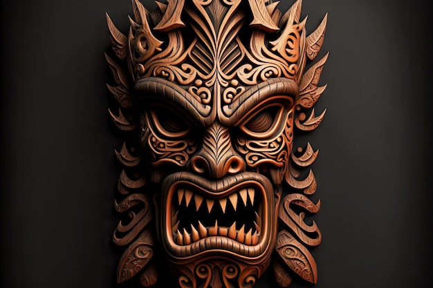 Photo masque tiki intimidant maléfique en bois sur fond sombre