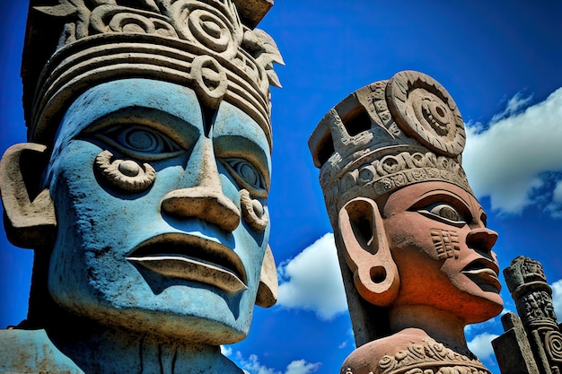 Masque tiki en pierre calme des dieux sur fond de ciel bleu