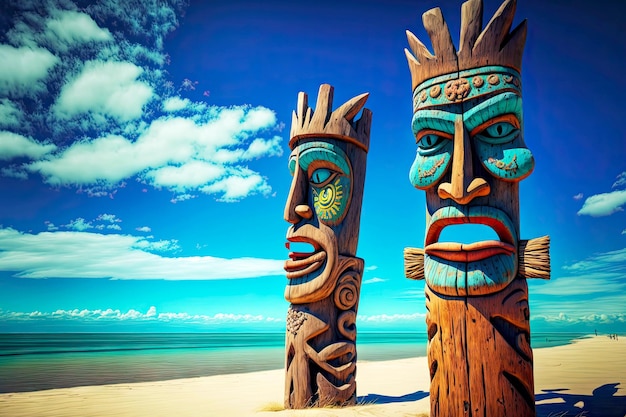 Photo masque tiki totem en bois sur les îles sur la plage sur fond de mer