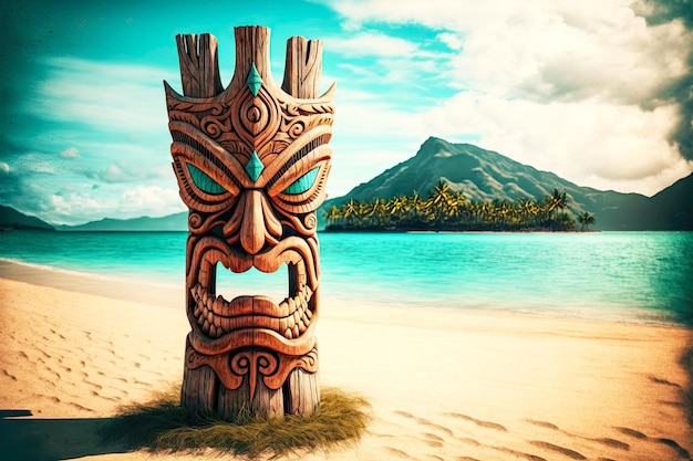 Masque tiki totem en bois sur les îles sur la plage sur fond de mer