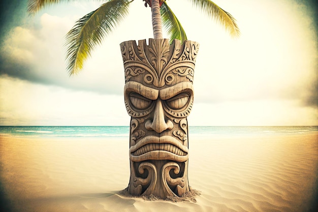 Masque tiki tribal hawaïen en bois visage satisfait sur la plage