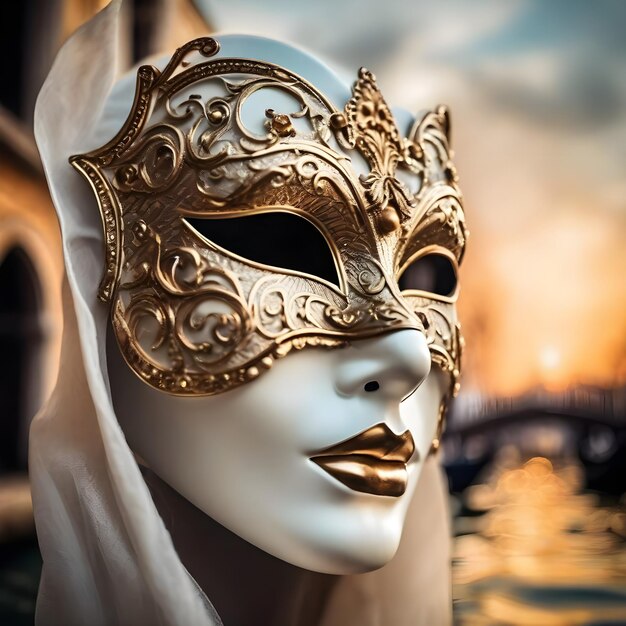 Le masque de Venise est en métal authentique et un peu sombre sur fond blanc.