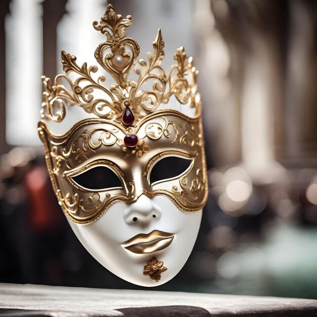 Le masque de Venise est en métal authentique et un peu sombre sur fond blanc.