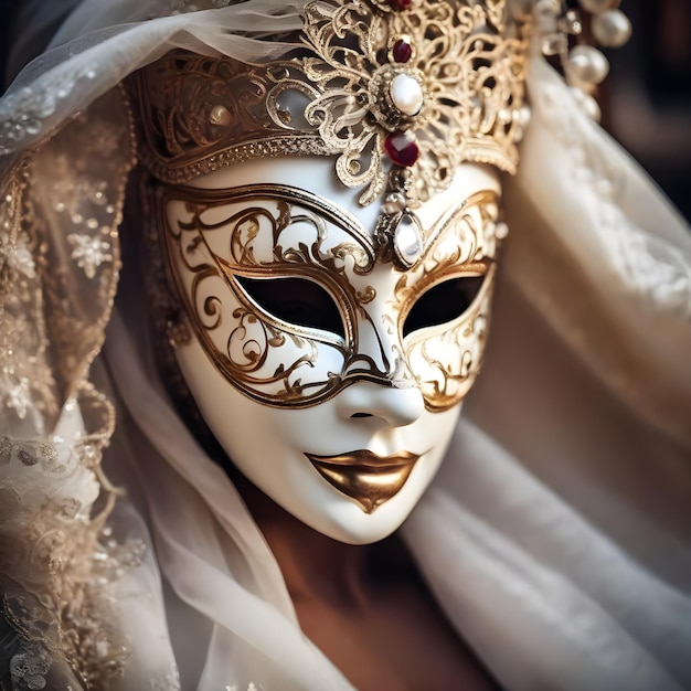 Le masque de Venise est en métal authentique et un peu sombre sur fond blanc.