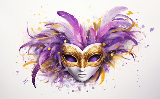 Un masque vénitien artistique recouvert de plumes pourpres et d'accents dorés émerge d'une fantaisie de éclaboussures de couleurs