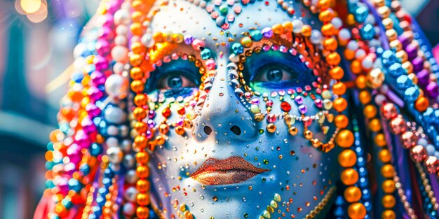 Un masque vénitien complexe avec des perles et des plumes.