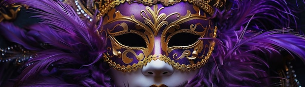 Un masque vénitien luxueux orné de détails en or intricats et d'élégantes plumes pourpres