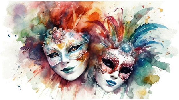 Masque vénitienne de carnaval avec des plumes dessin coloré illustration réaliste à l'aquarelle
